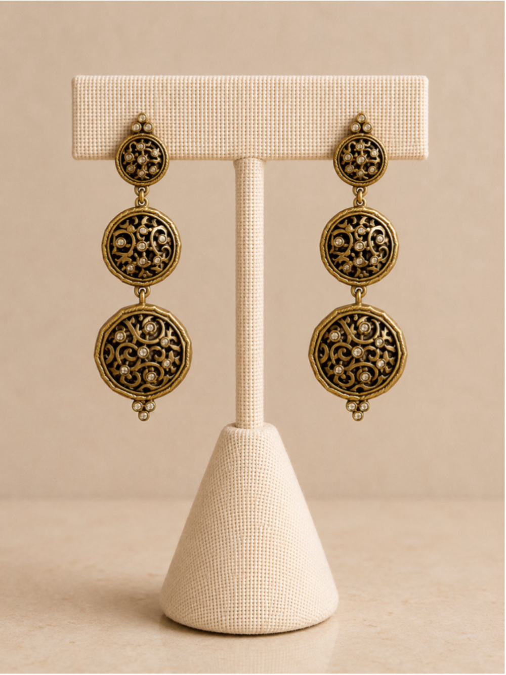 Vintage Gold Tone Filigree Triple Disc Rhinestone Dangle Earrings Boho Statement